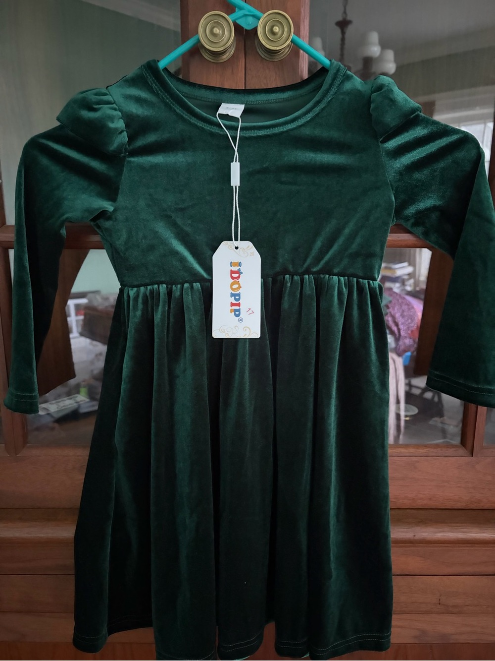 Girls' Velvet Long Sleeve Dress - Emerald Green